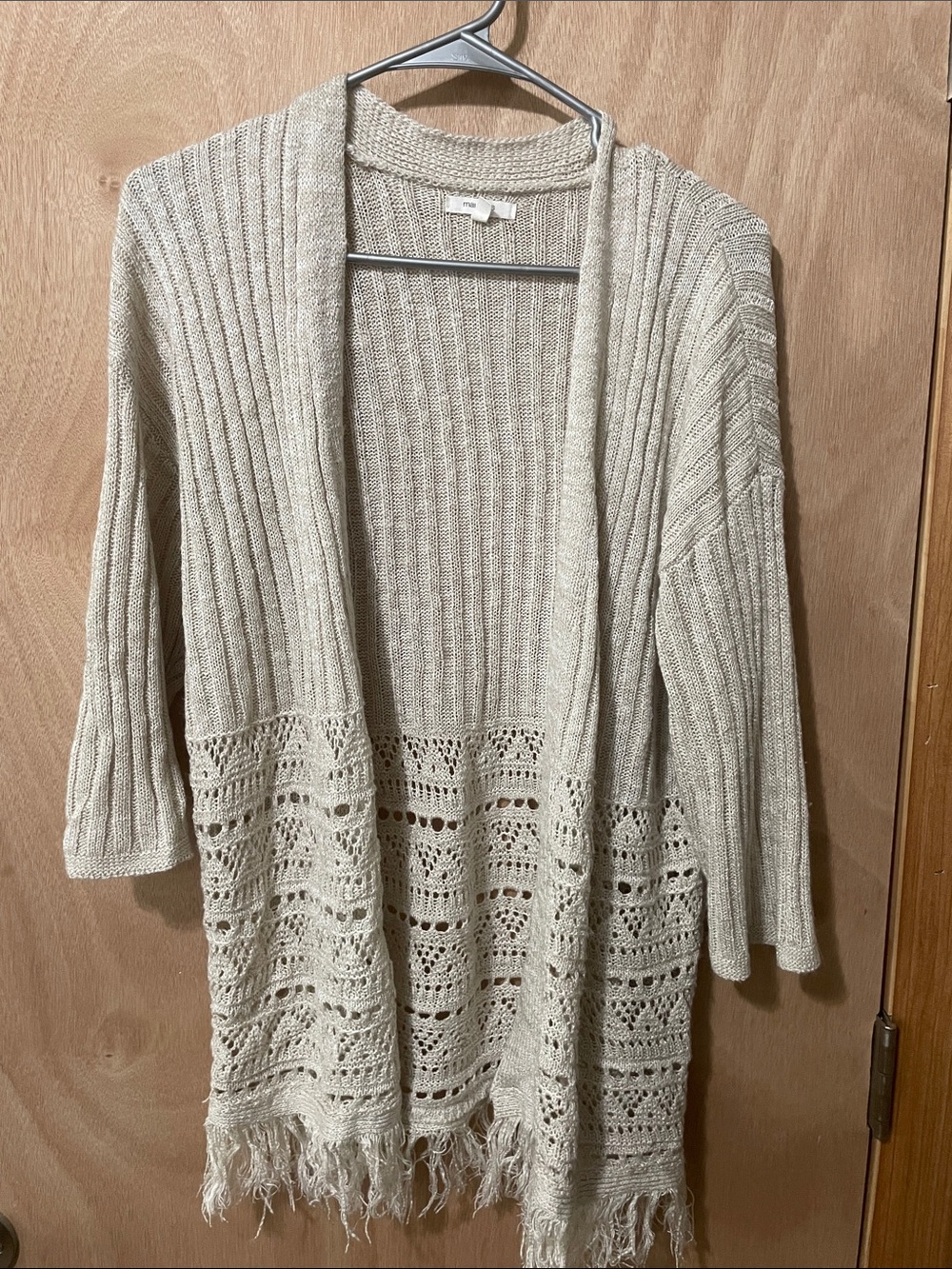 Maurices Cream Open-Front Knit Fringe Cardigan
